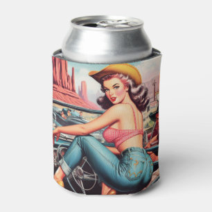 Vintage Cowgirl Pin Up Can Cooler