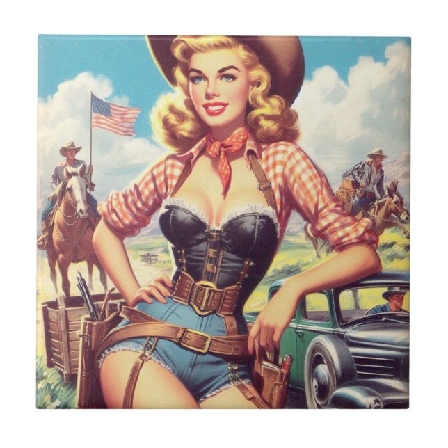 Vintage Cowgirl Pin Up Ceramic Tile (Front)