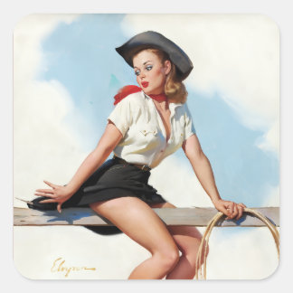 Vintage Cowgirl Pin-Up Girl Art Retro Western Square Sticker