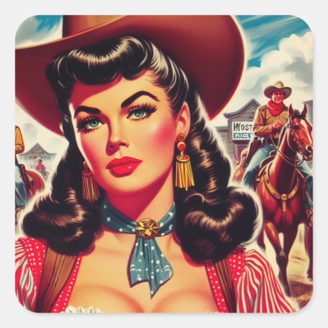 Vintage Cowgirl Pin-up Square Sticker (Front)