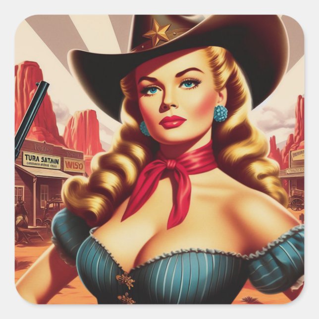 Vintage Cowgirl Pin-up Square Sticker (Front)