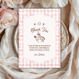 Vintage Cowgirl Rodeo Pink Gingham Girl Birthday Thank You Card