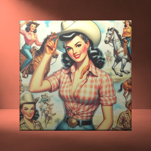 Vintage Cowgirl Seamless Illustration Ceramic Tile (Creator Uploaded)