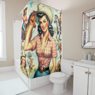 Vintage Cowgirl Seamless Illustration Shower Curtain
