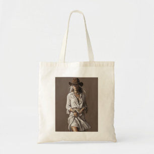 Vintage Cowgirl with Boho Accents on White Tote Bag