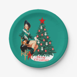 Vintage Cowgirl With Christmas Tree Merry Christma Paper Plate
