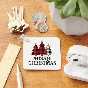 Vintage Cozy Merry Christmas Plaid Tree Seasonal Key Ring