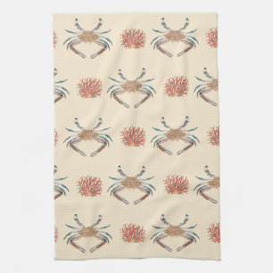 Vintage Crab and Coral Design Tea Towel