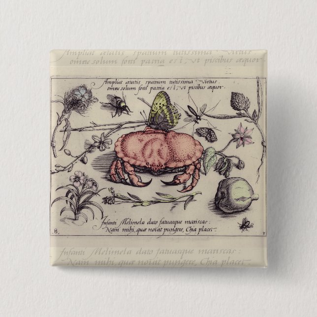 Vintage Crab, Botanicals, Insects, and Flowers 15 Cm Square Badge (Front)