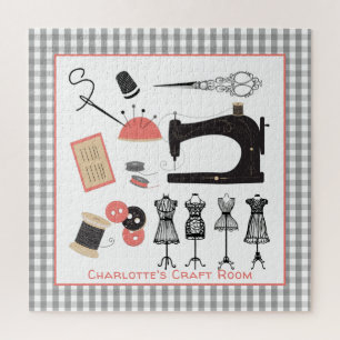 Vintage Crafty Sewing Theme Design Personalised Jigsaw Puzzle