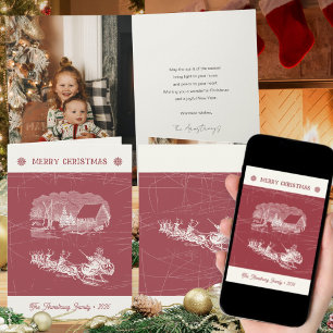 Vintage Cranberry Red Santa Sleigh Christmas Holiday Card