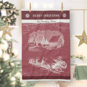 Vintage Cranberry Red Santa Sleigh Christmas Tea Towel