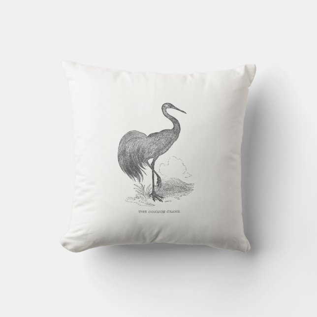 Vintage Crane Bird Pen and Ink Drawing Cushion (Front)