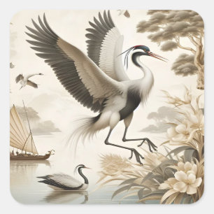 Vintage Cranes Crane Birds Wallpaper Square Sticker
