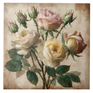 Vintage Cream and Pink Rose Bouquet Ceramic Tile