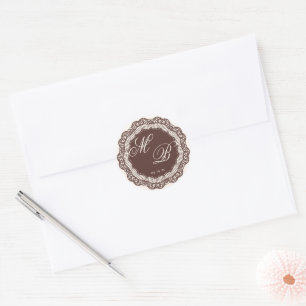 Vintage Cream Chantilly Lace Brown Monogram Classic Round Sticker
