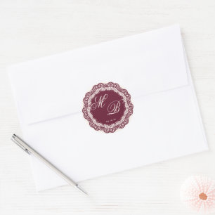 Vintage Cream Chantilly Lace Burgundy Monogram Classic Round Sticker