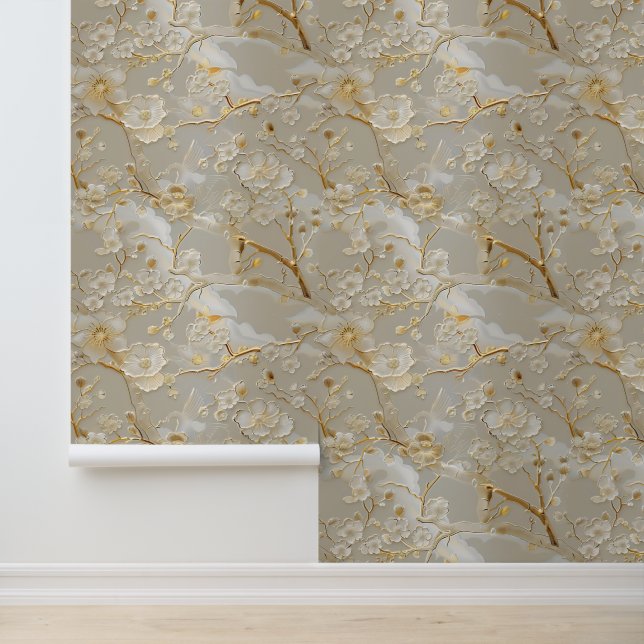 Vintage cream cloisonne floral wallpaper (Application)