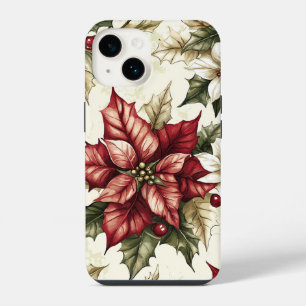 Vintage Cream Crimson Poinsettia Holly Christmas iPhone 14 Case