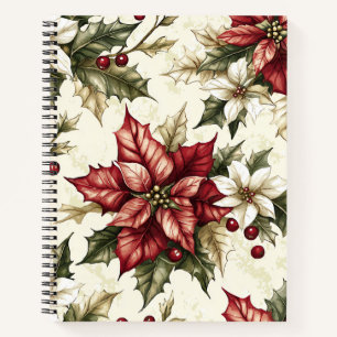 Vintage Cream Crimson Poinsettia Holly Christmas Notebook