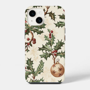 Vintage Cream Holly Berry Gold Bauble Christmas iPhone 14 Case