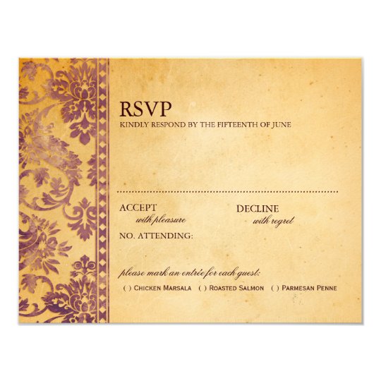 Vintage Cream & Lilac Damask Wedding RSVP Card