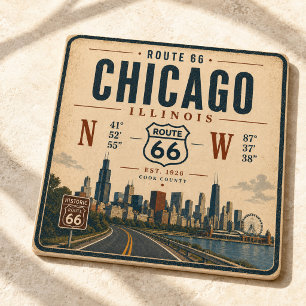 Vintage Cream Navy Chicago Route 66 Bar Art Glass Coaster