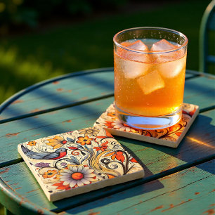 Vintage Cream & Orange Floral Bird Cottagecore Stone Coaster