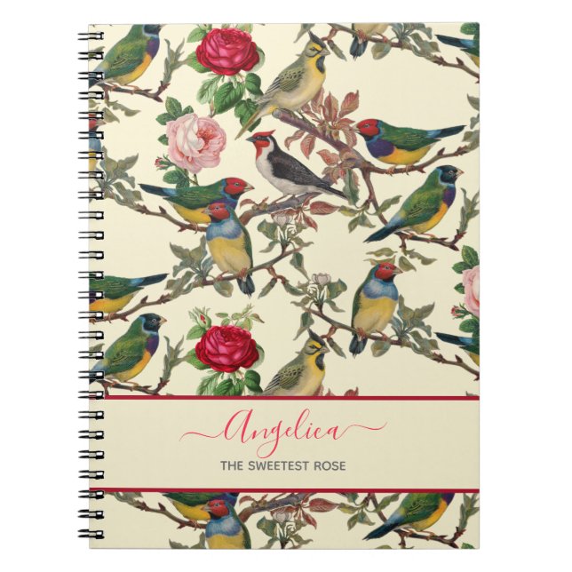Vintage Cream Red Chinoiserie Bird Floral Notebook (Front)