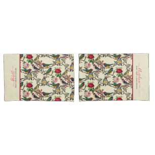 Vintage Cream Red Victorian Birds Floral Pillowcase