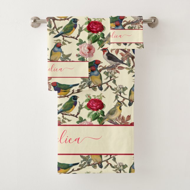 Vintage Cream Red Victorian Floral Birds Bath Towel Set (Insitu)