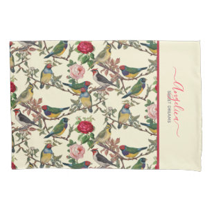Vintage Cream Red Victorian Floral Birds Pillowcase