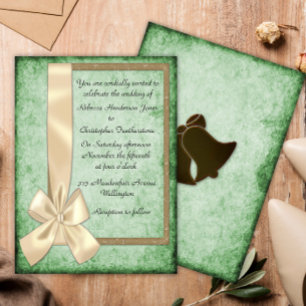 Vintage Cream Ribbon on Green Wedding Invitations