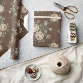 Vintage Cream Roses on Mocha Brown Pattern Wrapping Paper