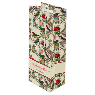 Vintage Cream Victorian Floral Birds Chinoiserie Wine Gift Bag