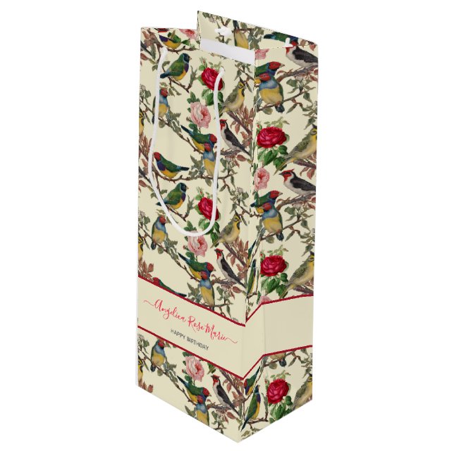 Vintage Cream Victorian Floral Birds Chinoiserie Wine Gift Bag (Front Angled)