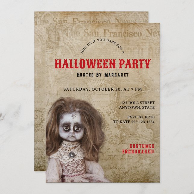 Vintage Creepy Doll Halloween Costume Party Invitation (Front/Back)
