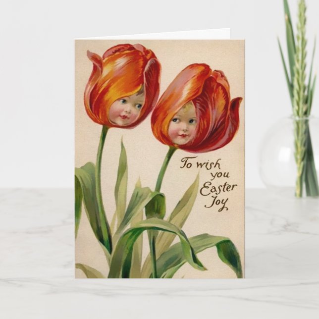 Vintage Creepy Flower Faces Easter Card (Front)