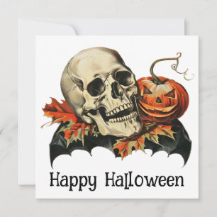 Vintage Creepy Halloween Skull & Pumpkin Greeting Holiday Card