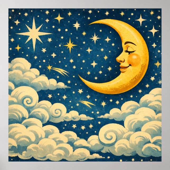 Vintage Crescent Moon Night Sky Poster (Front)