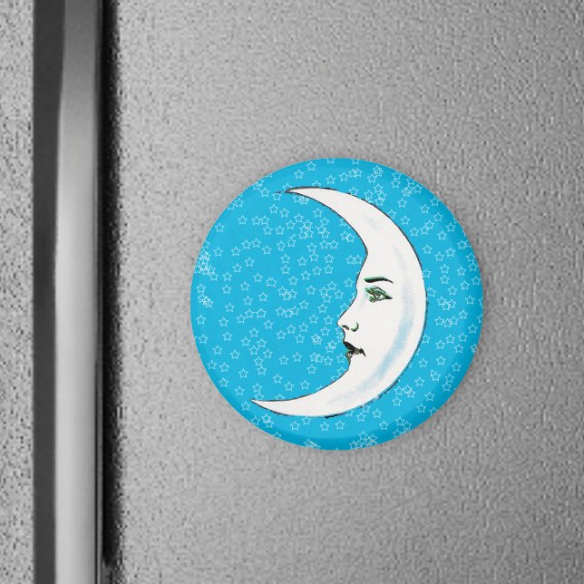 Vintage Crescent White Moon Face White Stars Magnet (White crescent moon Gothic face black lips on stars on aqua blue round magnet.)