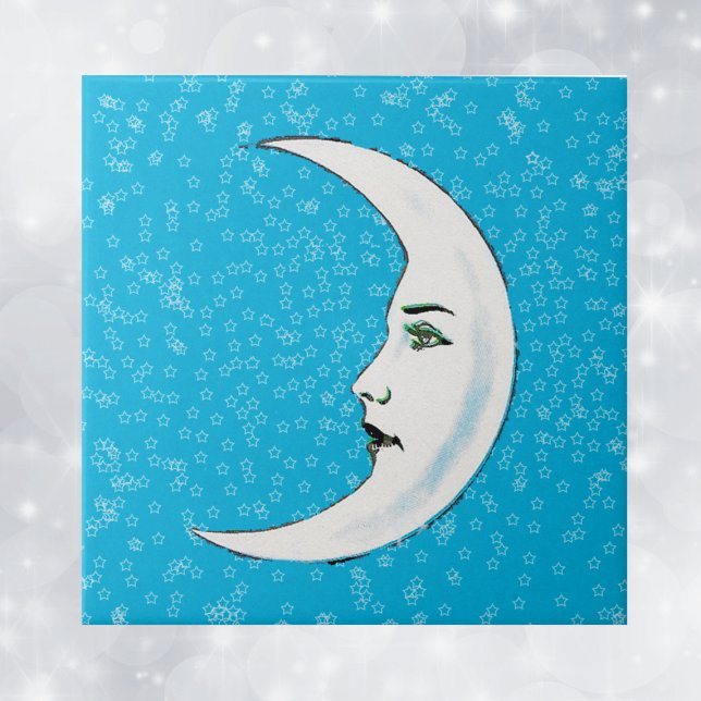 Vintage Crescent White Moon Face White Stars Tile (White crescent face with Gothic aface black lips white stars on aqua blue decorative tile.)