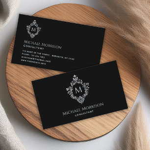 Vintage Crest Black Elegant  Initial Monogram Business Card