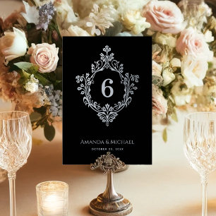 Vintage Crest Black Grey Elegant Victorian Wedding Table Number