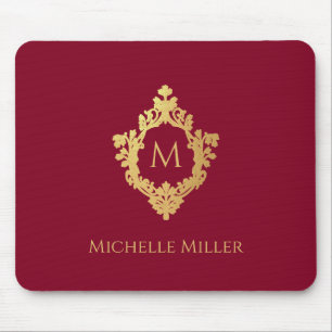 Vintage Crest Burgundy Faux Gold Elegant Monogram  Mouse Pad