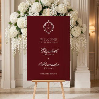 Vintage Crest Burgundy Old Money Wedding Welcome Poster
