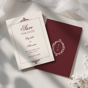 Vintage Crest Burgundy Red Frame Old Money Wedding Save The Date