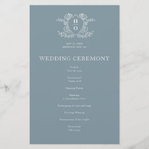 Vintage Crest Floral Monogram Blue Wedding Program