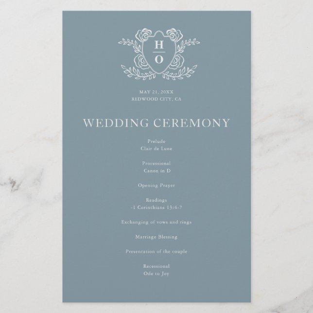 Vintage Crest Floral Monogram Blue Wedding Program (Front)