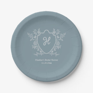 Vintage Crest Floral Monogram Bridal Shower Paper Plate